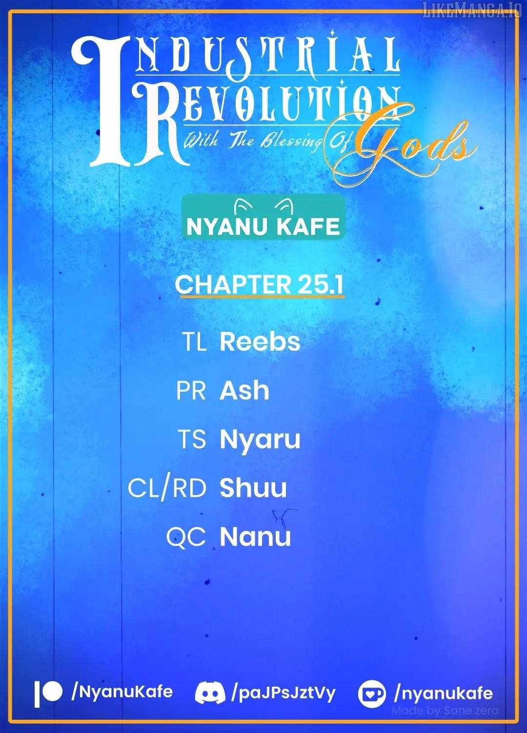 Revolution in production with the blessings of the gods - While living a leisurely, slow life in a corner of another world, somehow a diverse group of people gathered to form the strongest nation... Chapter 25.1 page 1