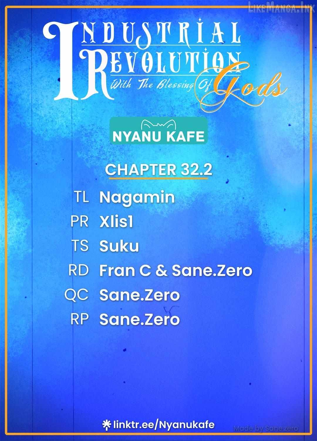 Revolution in production with the blessings of the gods - While living a leisurely, slow life in a corner of another world, somehow a diverse group of people gathered to form the strongest nation... Chapter 32.2 page 1