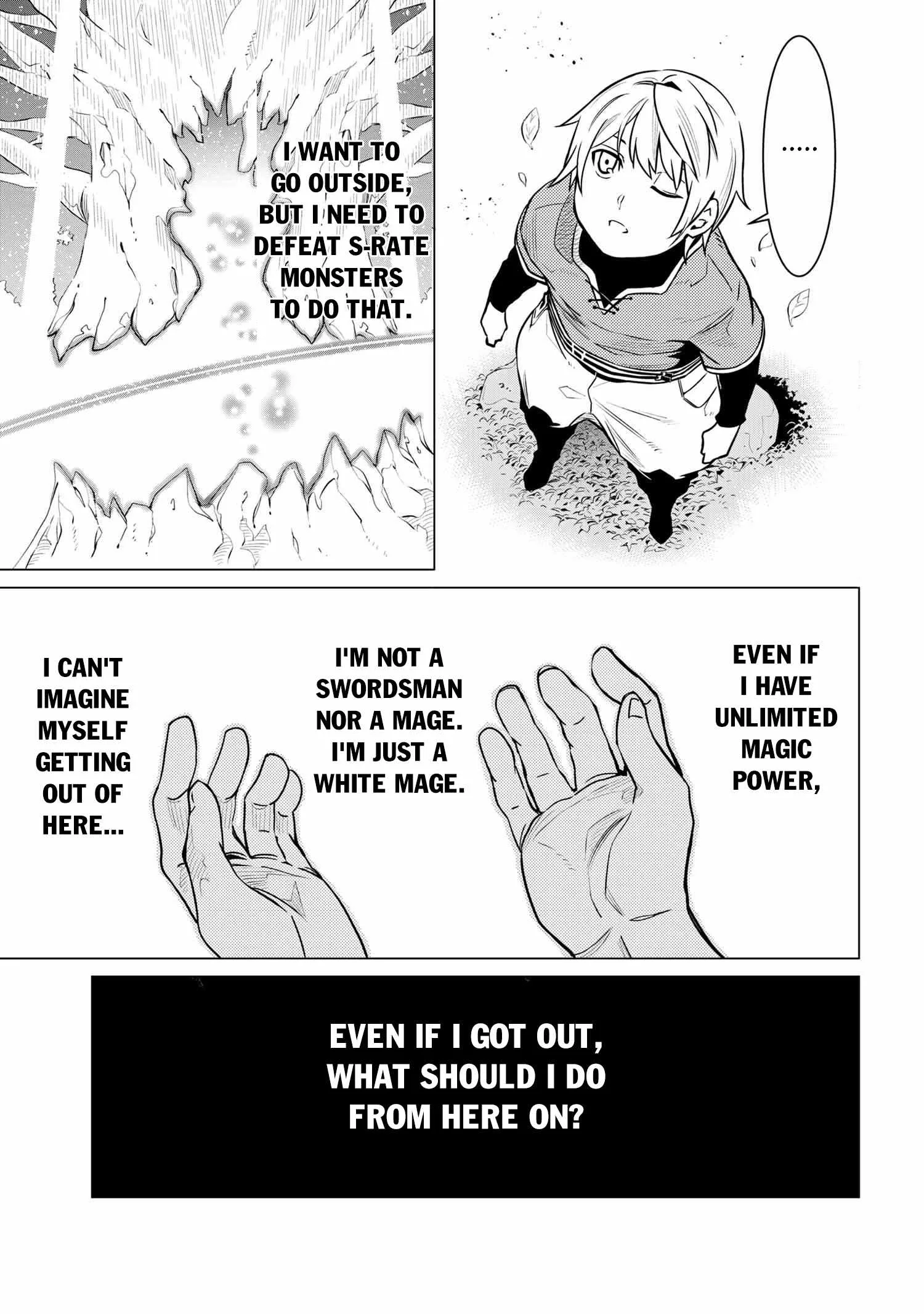 SSS RANK DUNGEON DE KNIFE ICHIHON TEWATASARE TSUIHOU SARETA HAKUMA DOUSHI: YGGDRASIL NO NOROI NIYORI JAKUTEN DEARU MARYOKU FUSOKU O KOKUFUKUSHI SEKAI SAIKYOU E TO ITARU Chapter 2.1 page 14